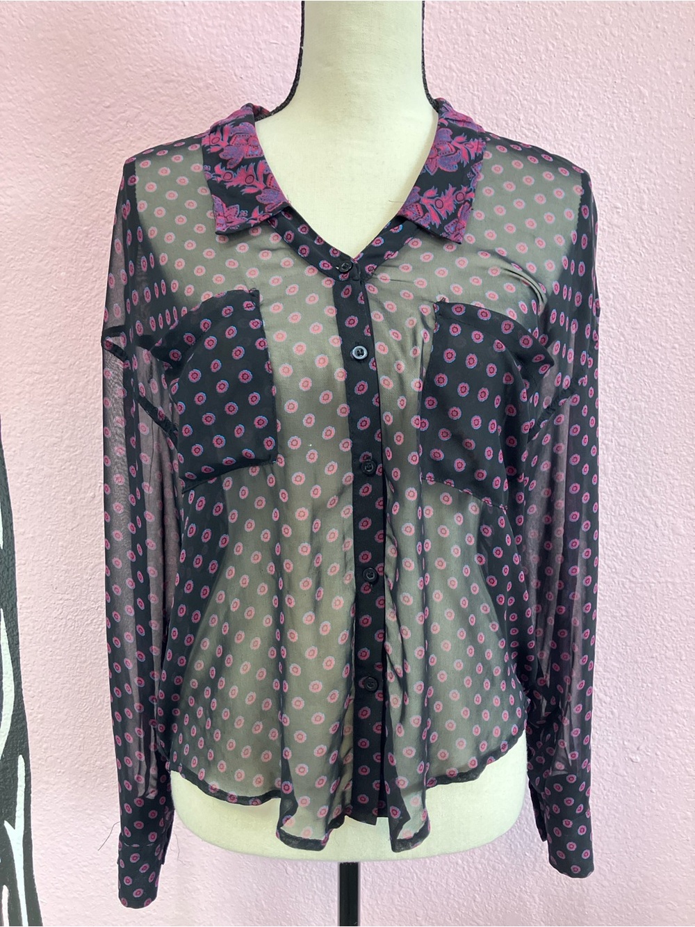 Free People Black Pink Polka Dot Paisley Detail Sheer Button-Down Size XS